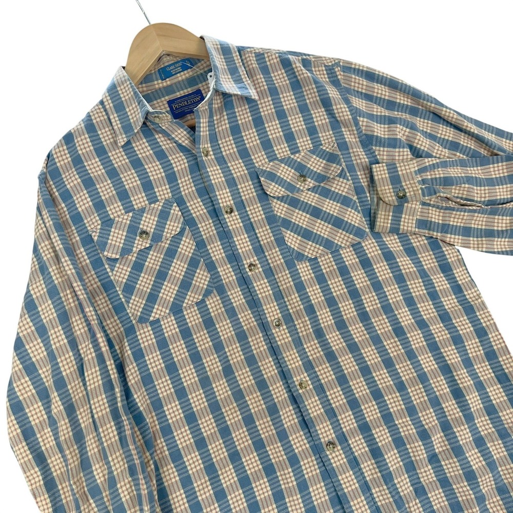 Pendleton Clark Shirt Mens Small Blue Tan Plaid Cotton Long Sleeve Button Down